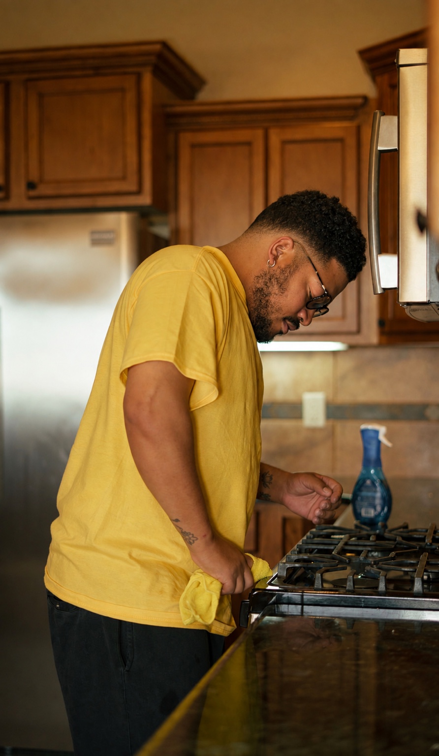Jerome carefully cleaning a kitchen stove